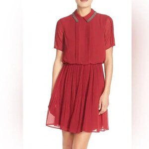 Cabernet Red Pleated Mini Dress Embellished Collar Size 8